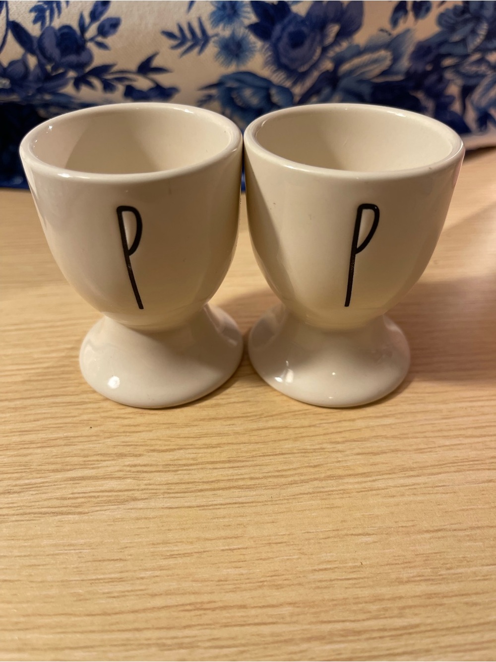 Rae Dunn. White Ceramic Egg Cups with Black 'P' Monogram - Set of 2